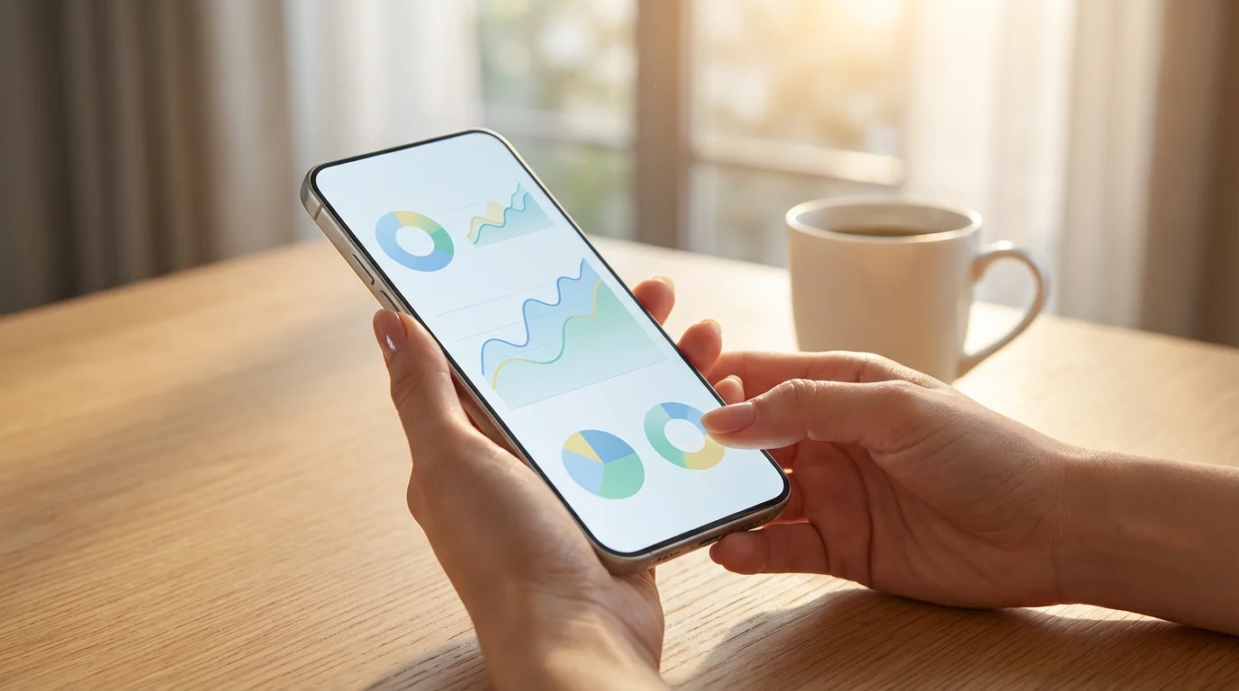 A person holds a smartphone, reviewing their finances on a generic mobile banking app.