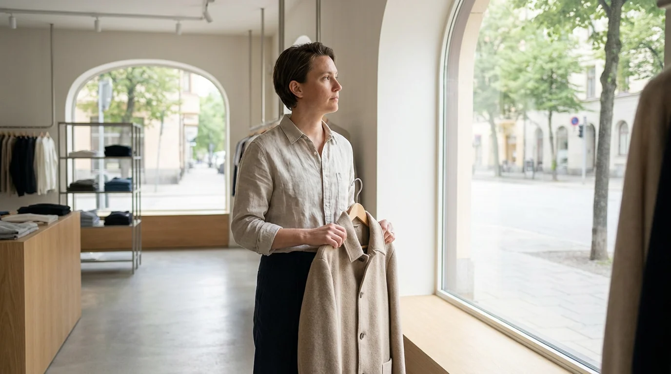 A person in a clothing store thoughtfully considers a purchase while looking out a window.