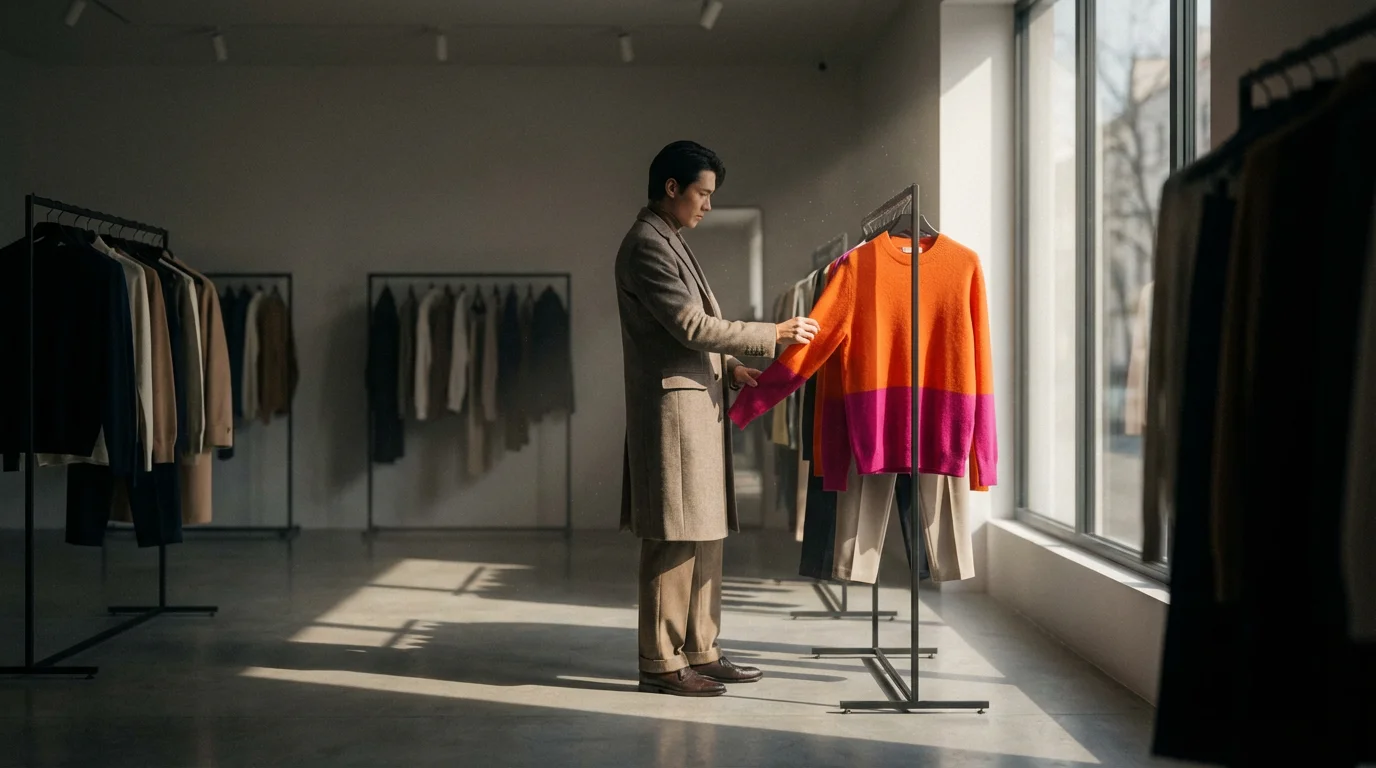 A person in a modern boutique looks at a sweater, with long afternoon shadows.