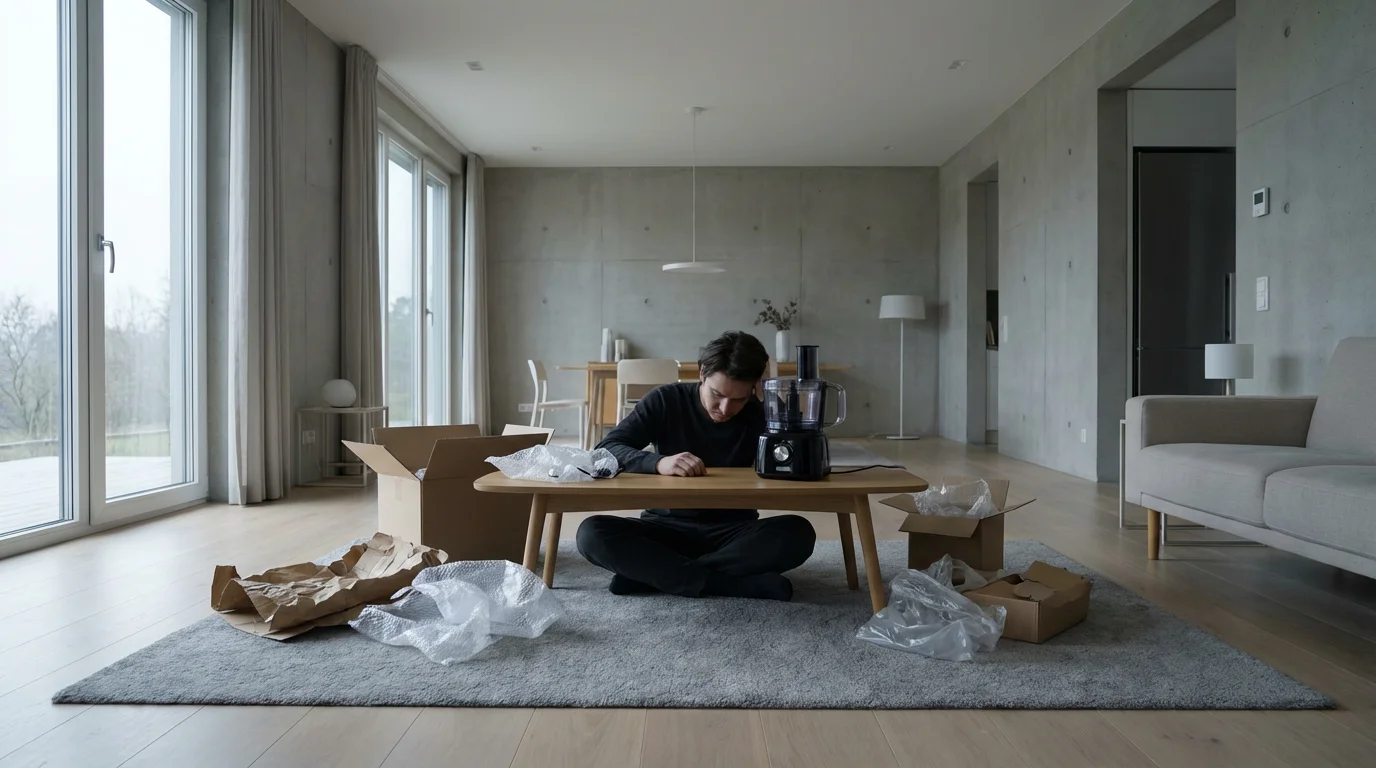 A person in a modern living room looking disappointedly at a cheap, newly unboxed product.