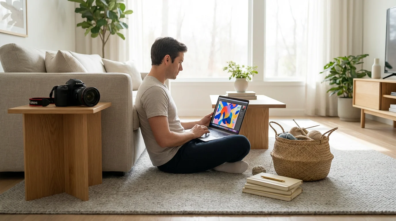 A person in a modern living room surrounded by a laptop, camera, and crafts.