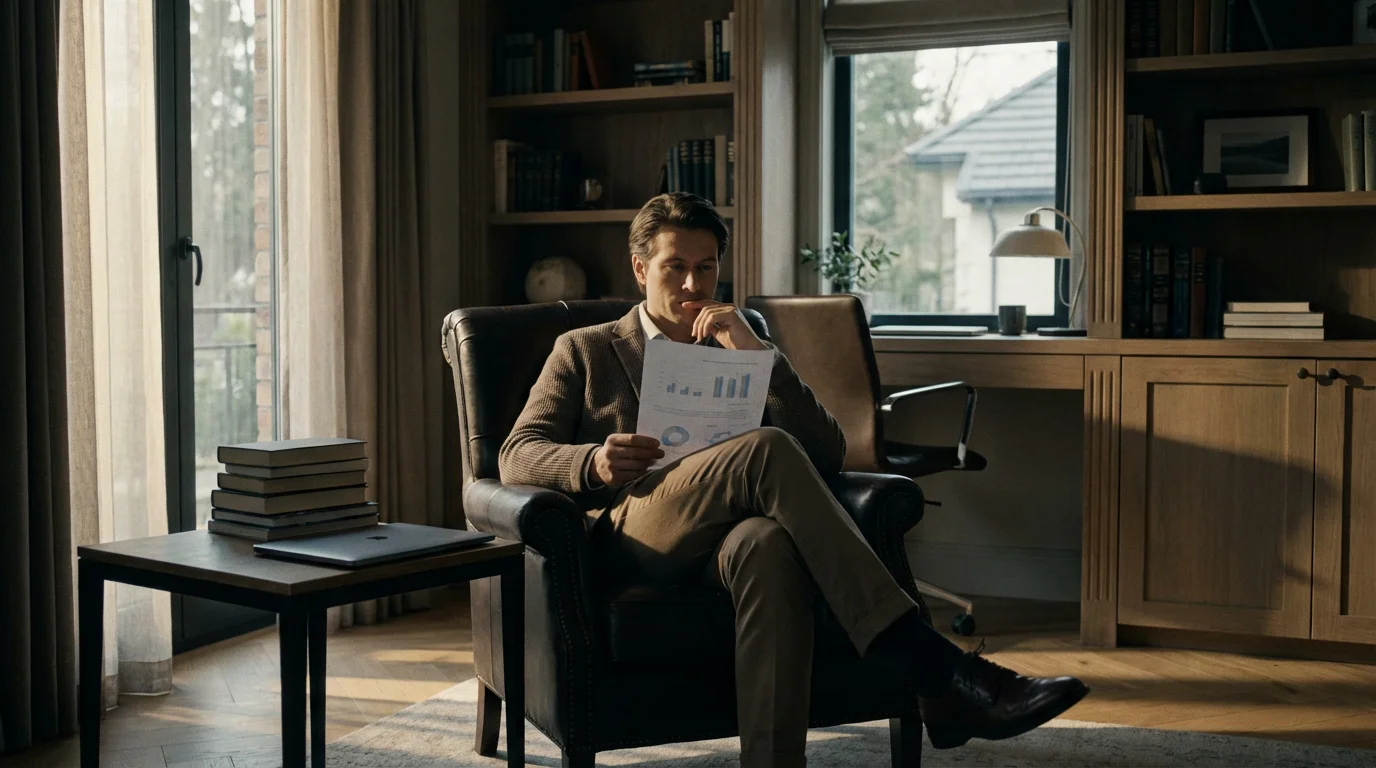 A person in a modern study reviewing a financial document in a contemplative setting.