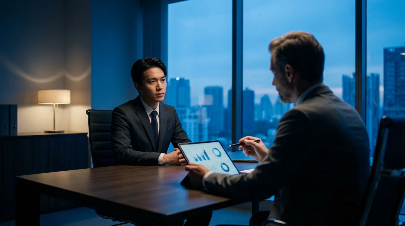A person in a serious evening consultation with a financial advisor in a modern office.
