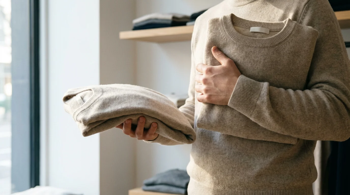 A person in a store holding two identical sweaters, contemplating a bundle deal.