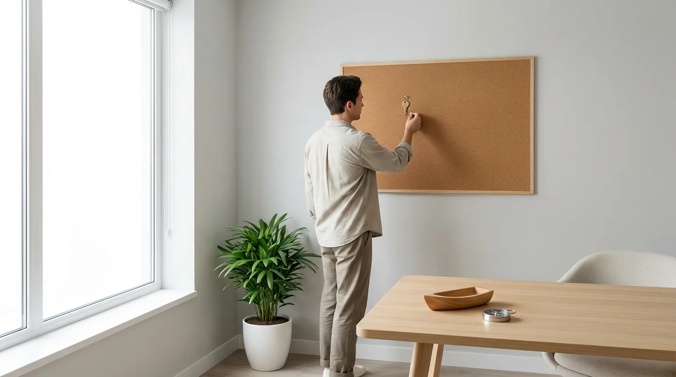 A person in a sunlit room pins a small key to a vision board.