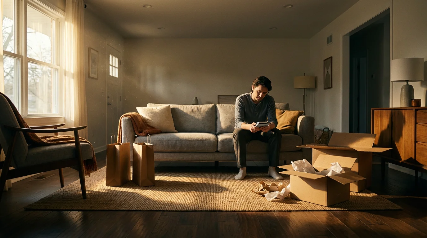 A person in a sunlit room surrounded by shopping bags, looking thoughtfully at a purchase.