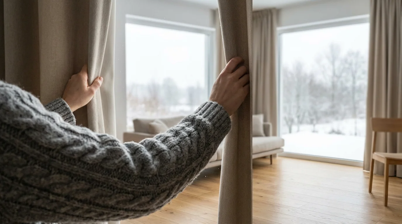 A person in a sweater opens thick curtains to let in bright winter light.