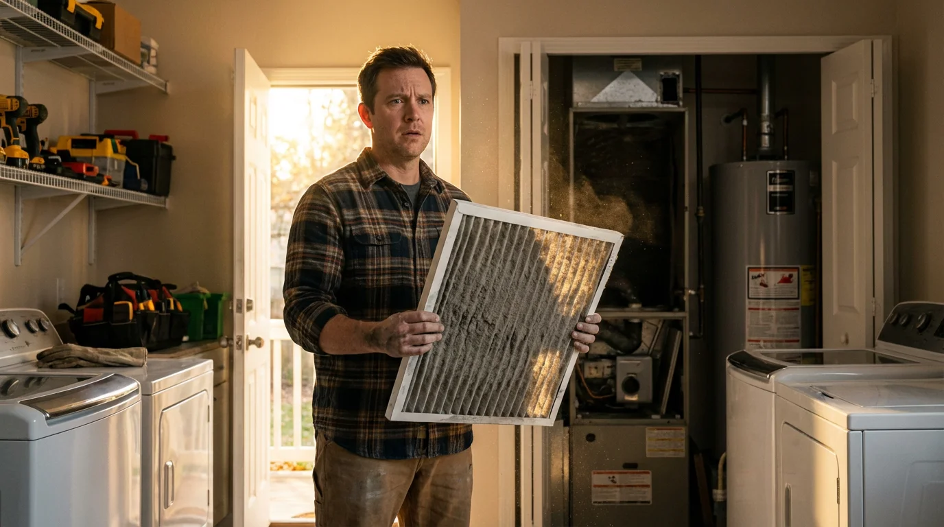 A person inspects a dirty HVAC air filter in warm golden hour light.