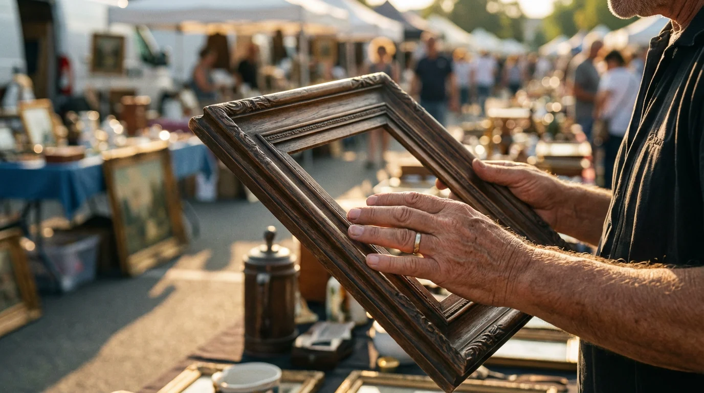 A person inspects a vintage wooden frame at a sunny outdoor flea market stall.