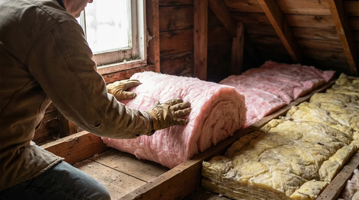 A person installing new pink fiberglass insulation in a home attic to improve warmth.