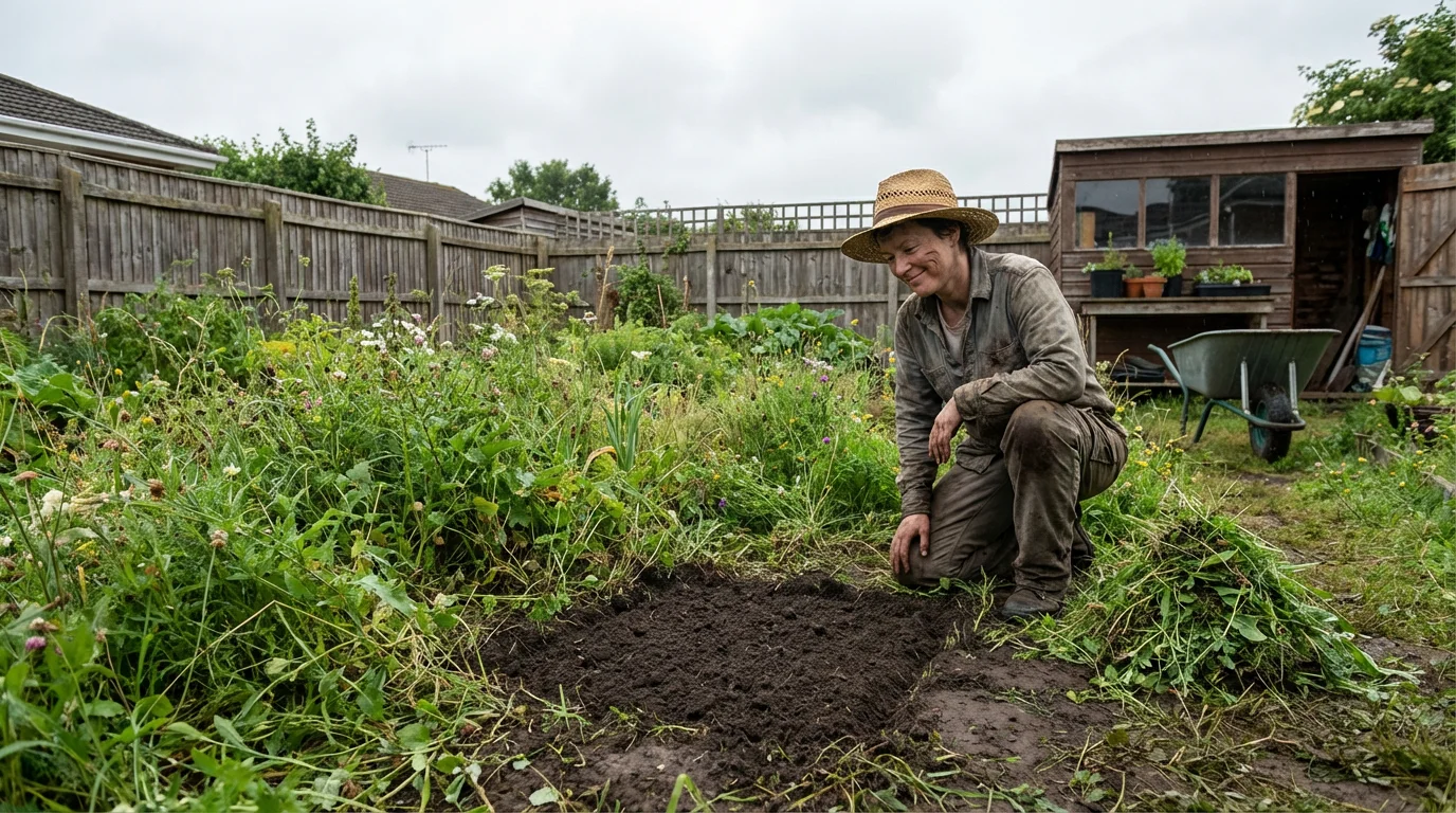 A person kneeling in a garden, having cleared a small patch of weeds.