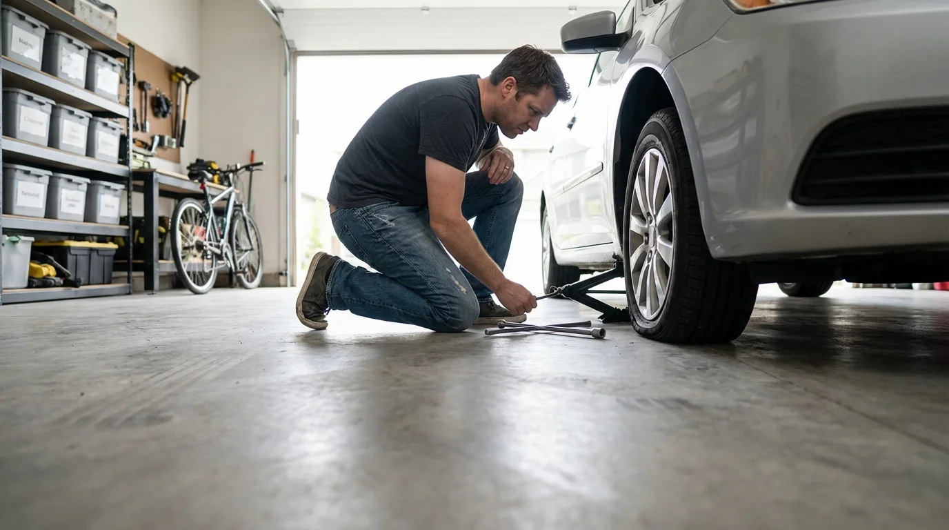 A person kneels in a garage, looking at a flat tire on their car.