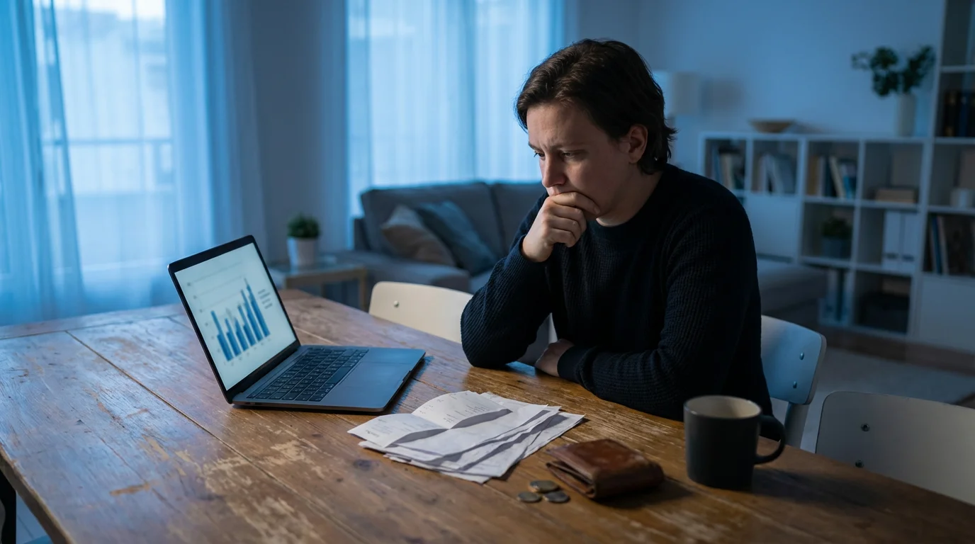 A person looking concerned while reviewing their household budget at a table during the evening.