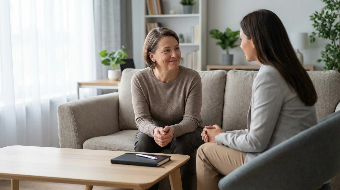 A person looking relieved while speaking with a professional financial counselor in a bright office.