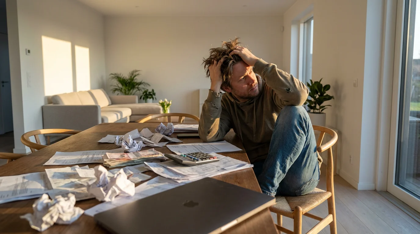 A person looking stressed at a dining table covered in financial papers at sunset.