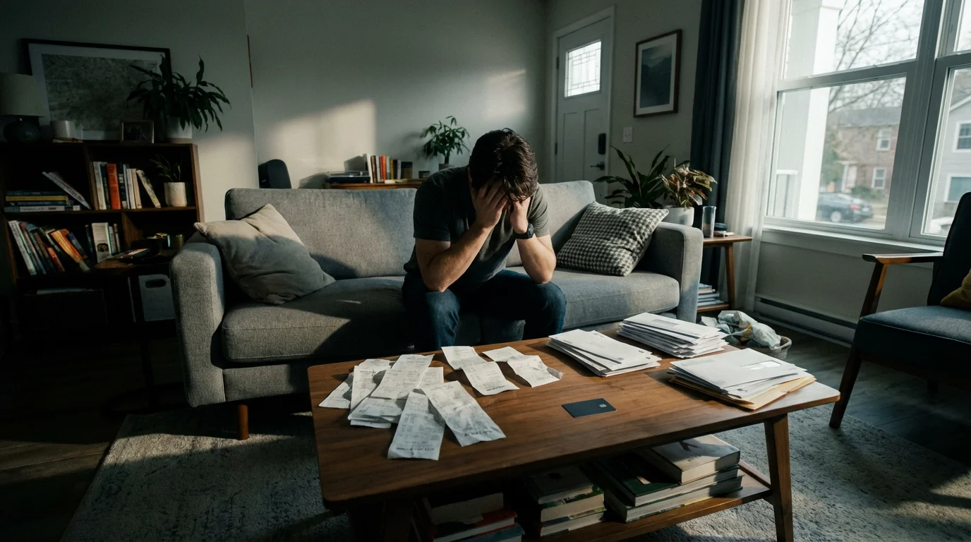 A person looking stressed on a sofa, with scattered bills on a coffee table.