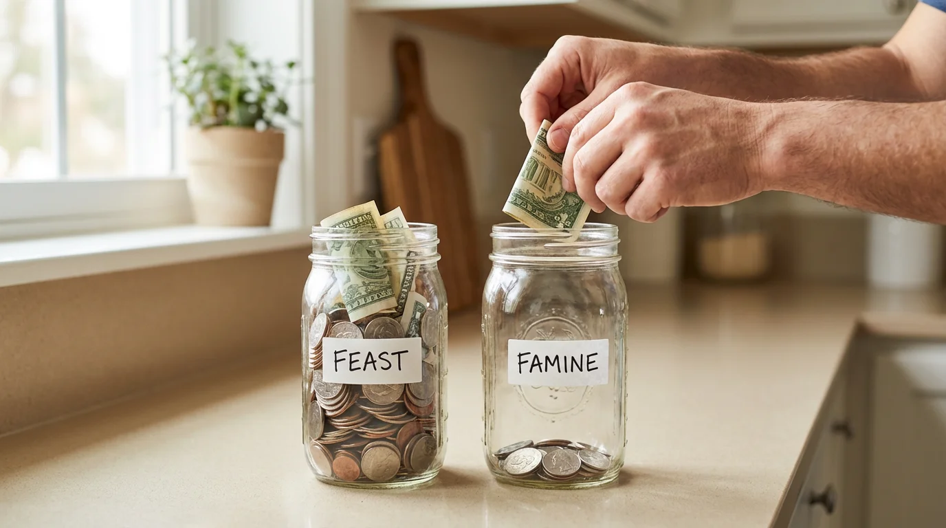 A person moves money from a full glass jar to a nearly empty one.