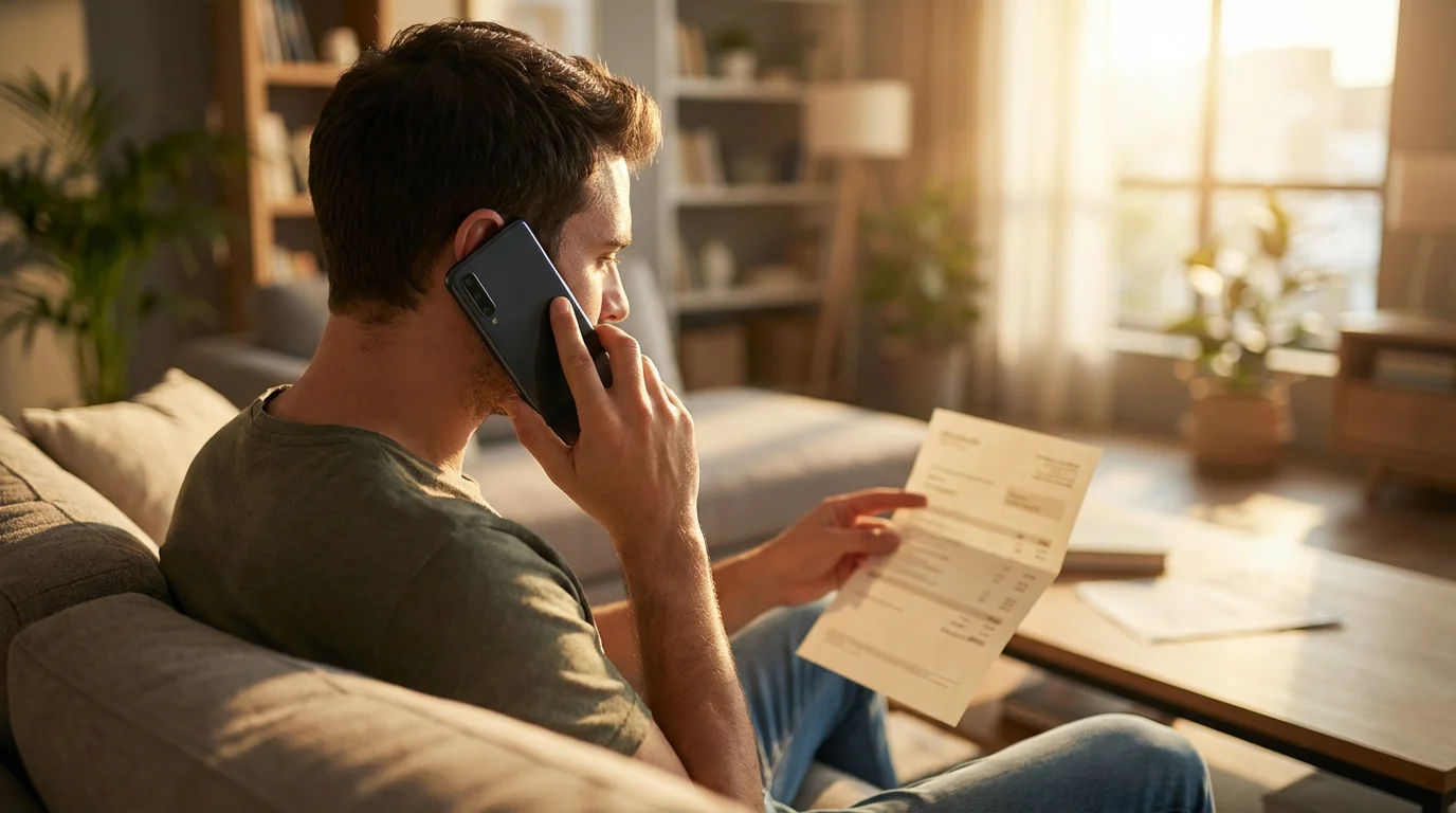 A person on the phone reviewing a monthly bill in their living room at sunset.
