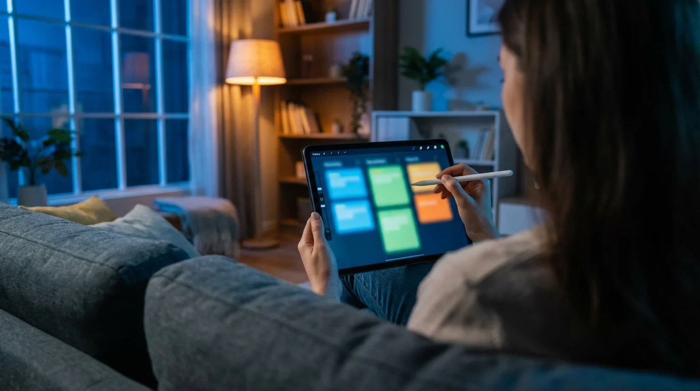 A person organizing a digital project board on a tablet during blue hour.