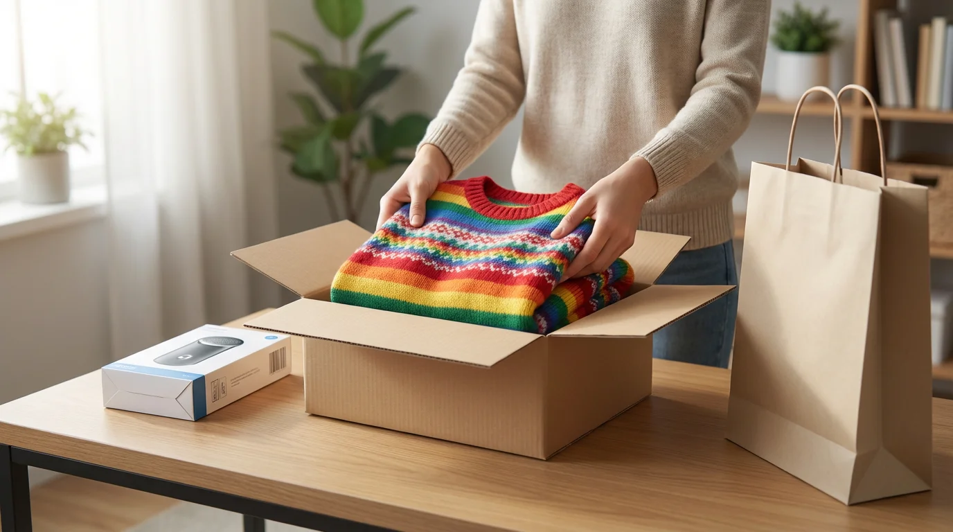 A person packs an unwanted new sweater and gadget into a box for returning.
