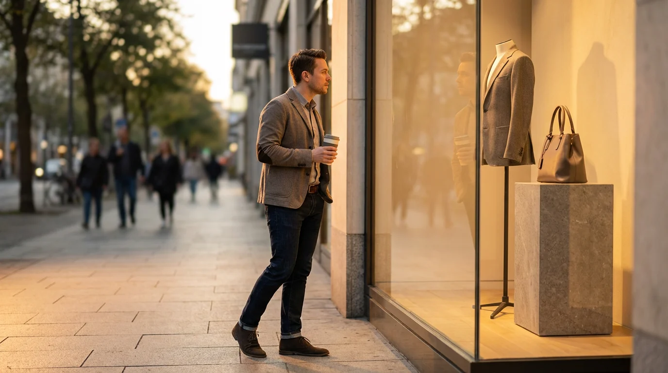A person pauses on a city street to look into a luxury store window.