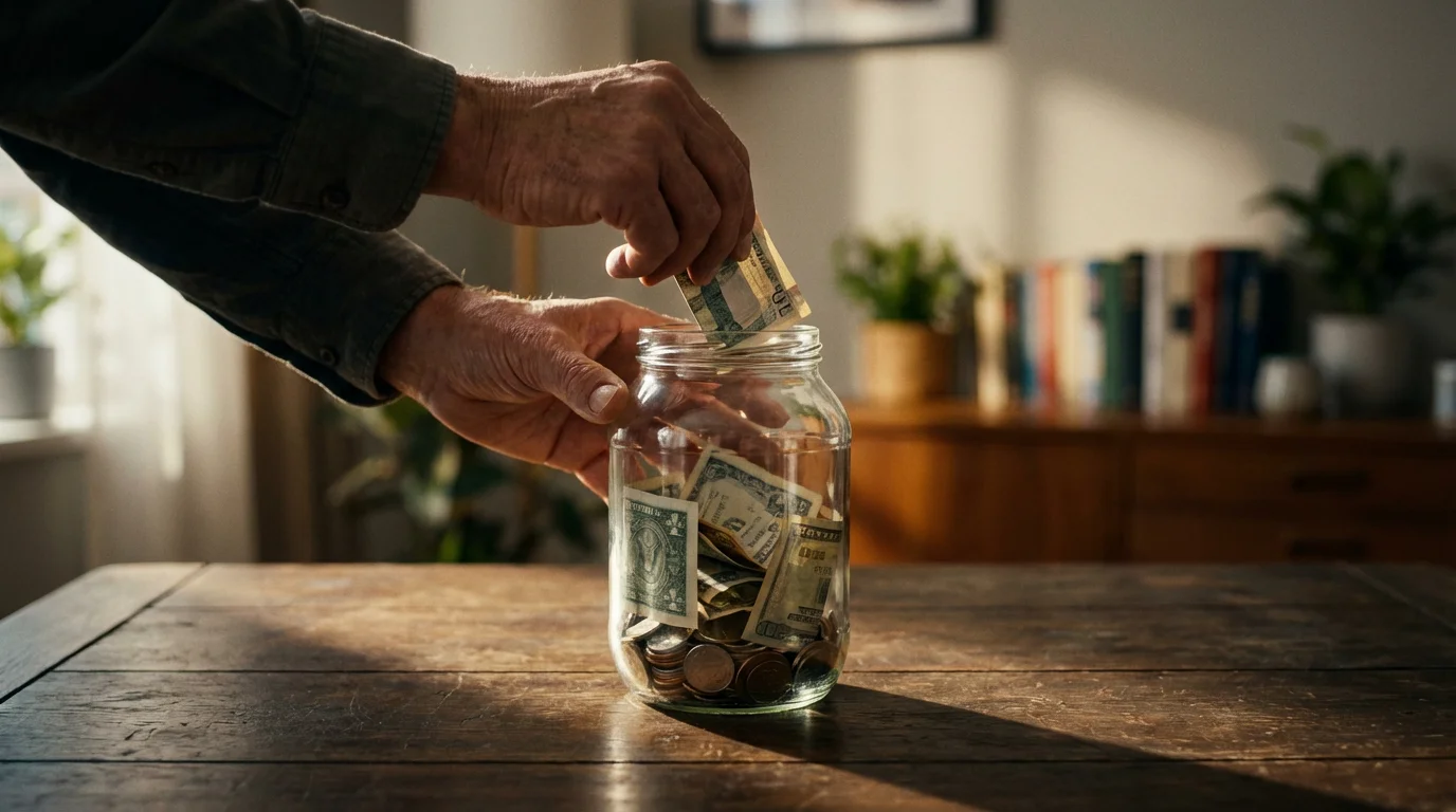 A person puts cash into a glass savings jar on a wooden table.