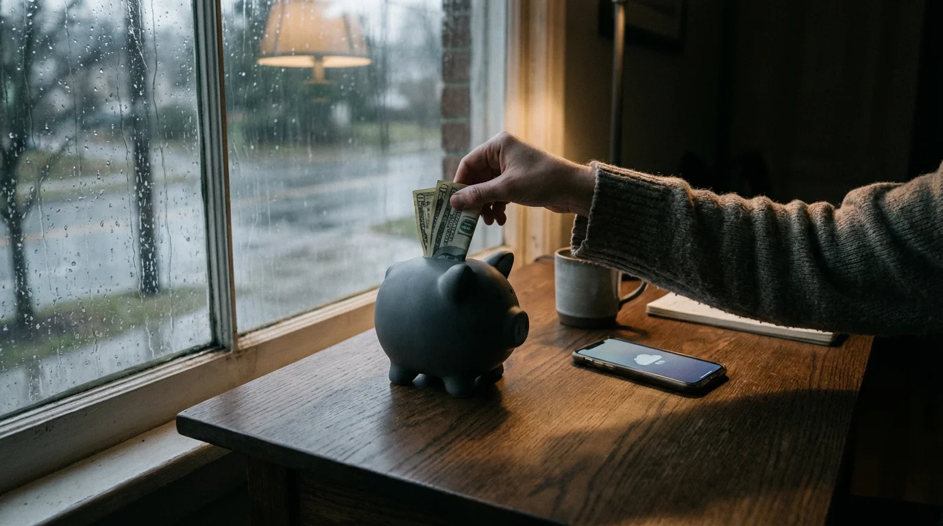 A person puts cash into a piggy bank on a rainy day.