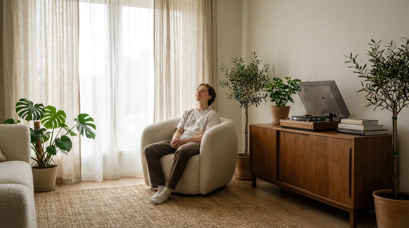 A person relaxes in a sunlit, minimalist living room listening to a record player.