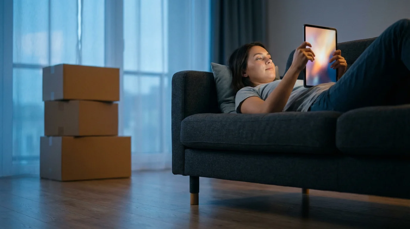 A person relaxes on a sofa with a glowing tablet; stacked shipping boxes behind them.