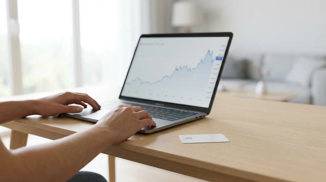 A person researches online deals with a laptop and a credit card on a desk.