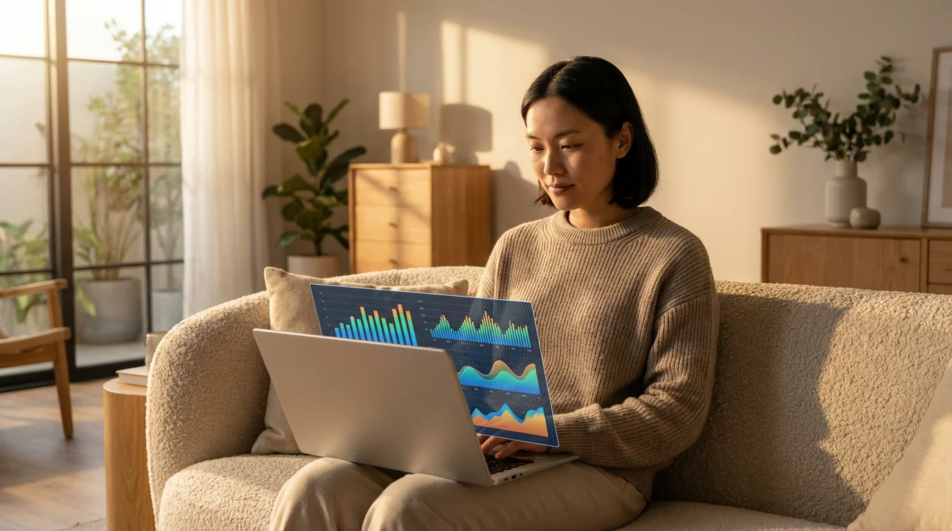 A person researches utility savings programs on a laptop in a sunlit living room.