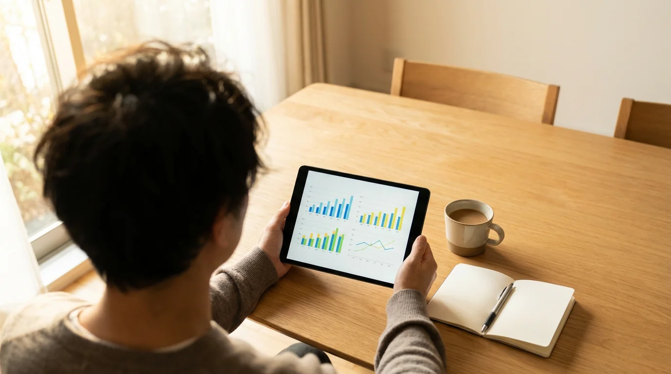 A person reviewing financial charts on a tablet at a table in morning light.