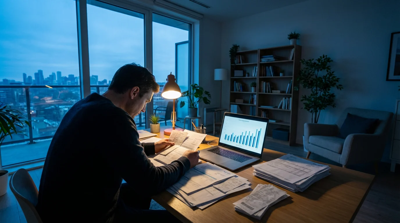 A person reviewing financial statements and receipts at a desk during twilight.