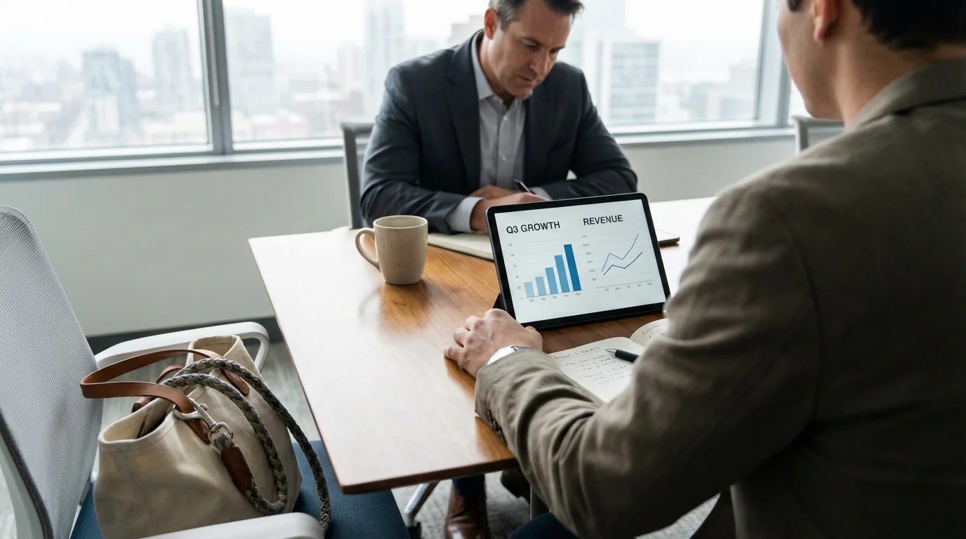 A person reviews financial charts on a tablet with a professional advisor in a modern office.