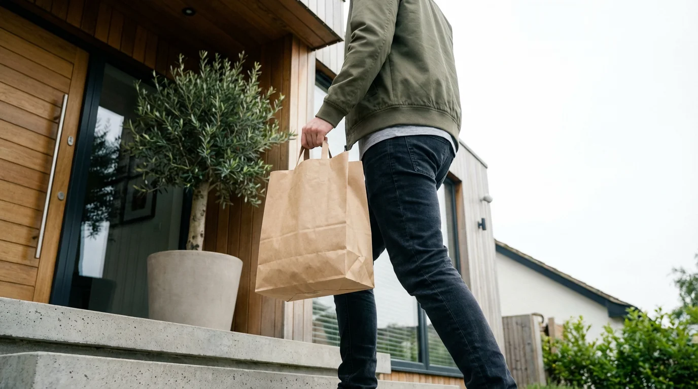 A person seen from a low angle making a delivery to a modern home.