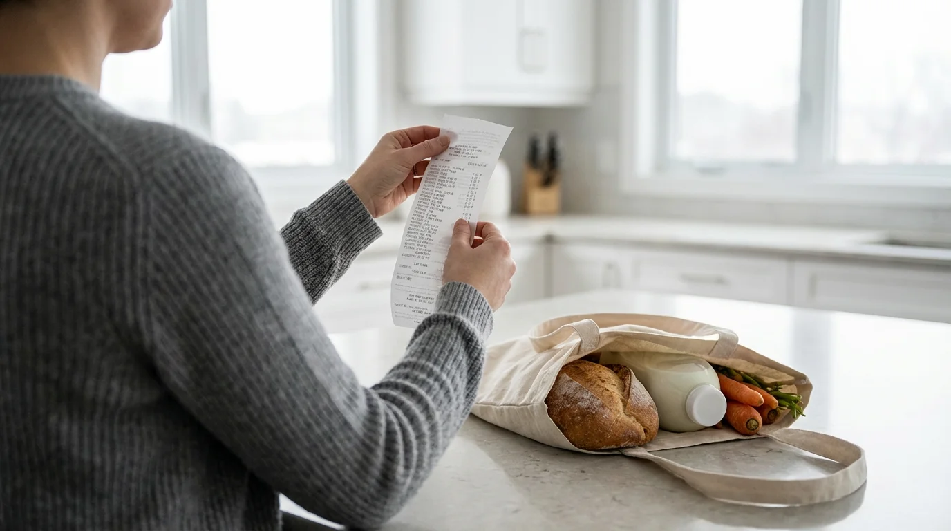 A person seen from over the shoulder looks at a long receipt beside a nearly empty grocery bag.