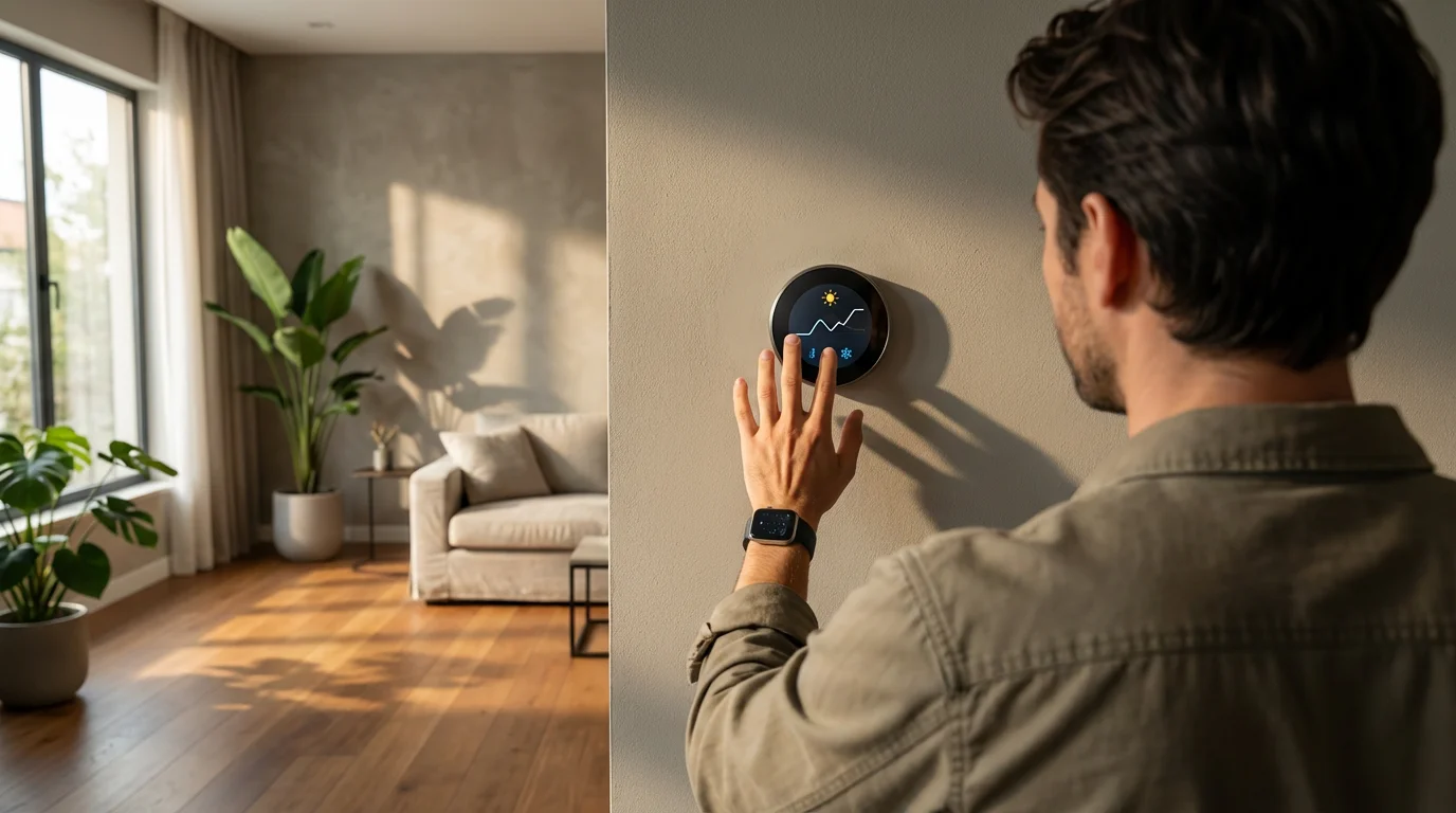 A person seen from over their shoulder adjusting a smart home thermostat.