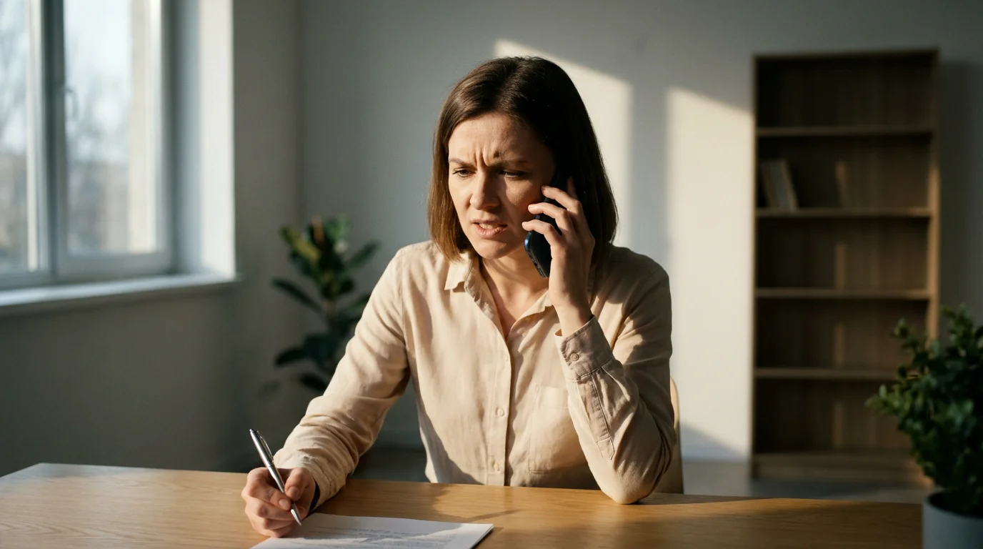 A person sits at a desk seriously talking on a smartphone representing debt negotiation.