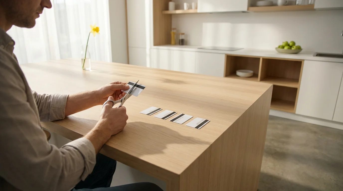 A person sits at a kitchen island cutting a generic credit card with scissors.