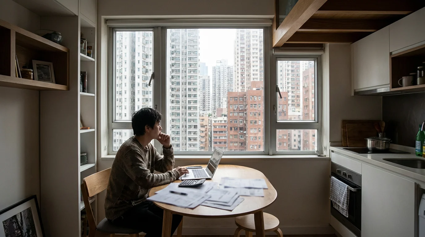 A person sits at a small table in a city apartment, reviewing bills thoughtfully.