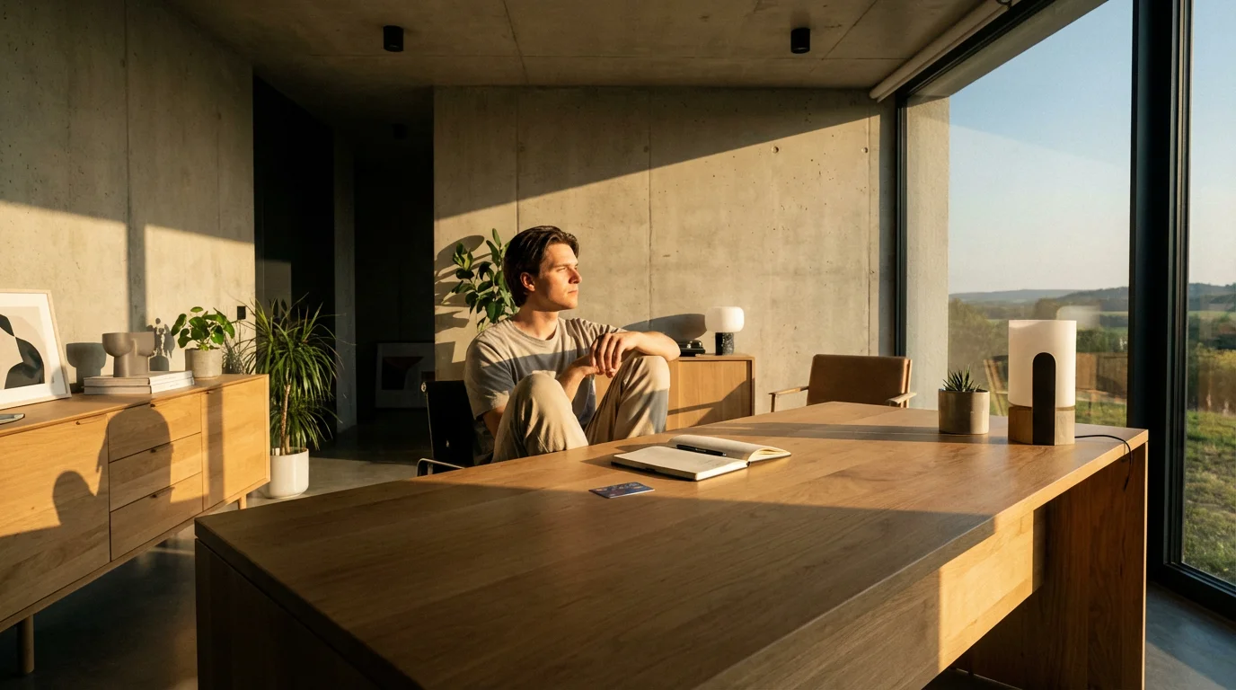 A person sits at a sunlit desk with a notebook, planning their finances thoughtfully.