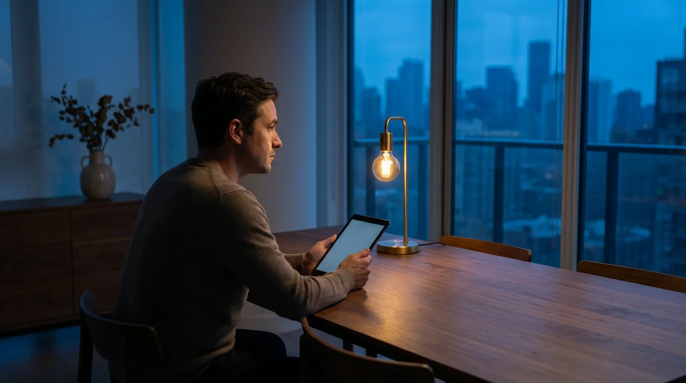 A person sits at a table in the evening, thoughtfully reviewing their finances.