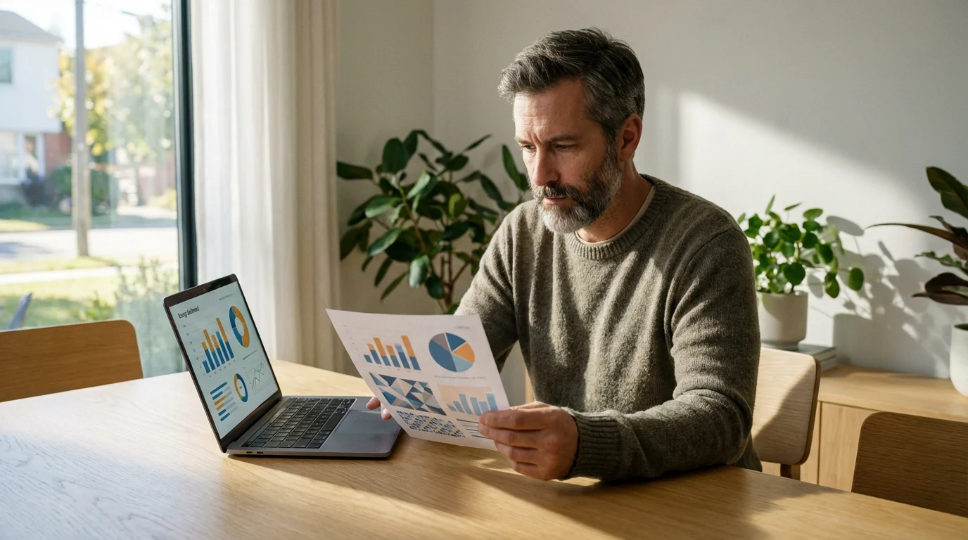 A person sits at a table reviewing a home utility bill with charts and graphs.