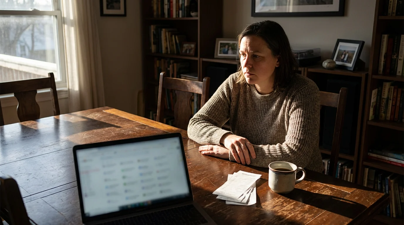A person sits at a wooden table in moody afternoon light, reflectively looking at a blurred spreadsheet on a laptop.