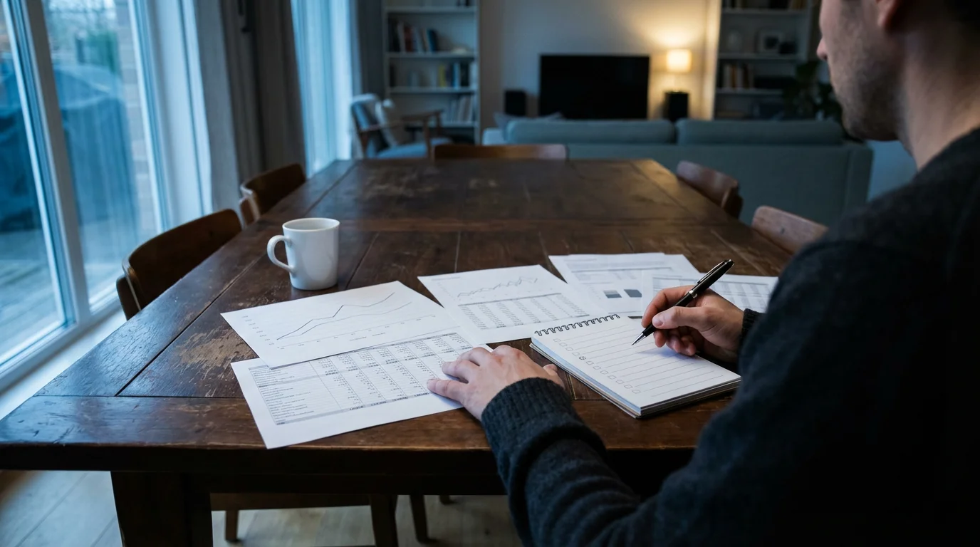 A person sits at a wooden table organizing financial papers with a checklist.