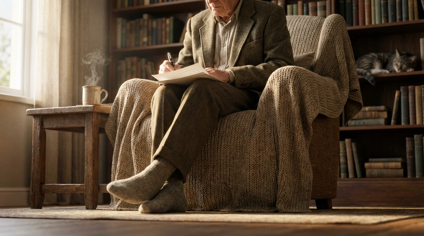 A person sits in a sunlit library, editing a manuscript in their lap.