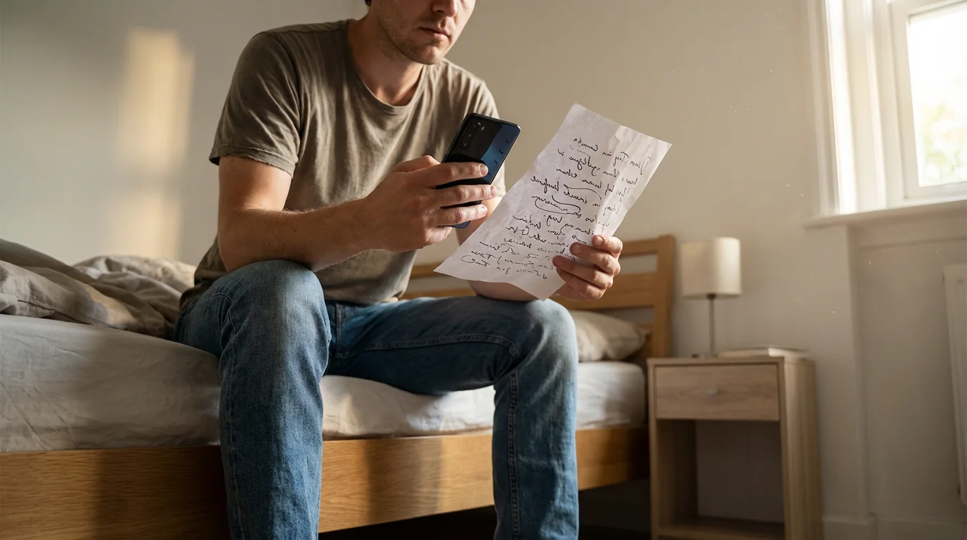 A person sits on a bed in the morning light, rehearsing from a script.