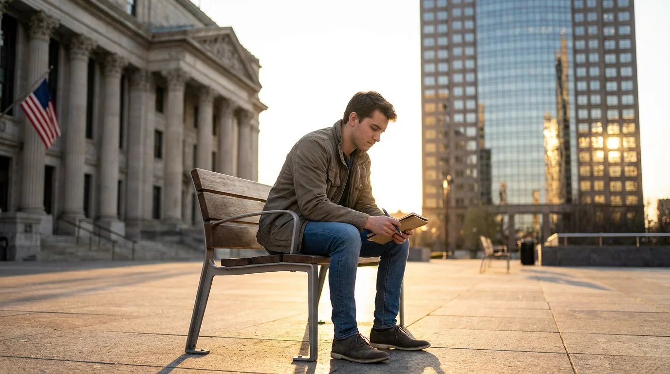 A person sits on a bench between a classic government building and a modern skyscraper.