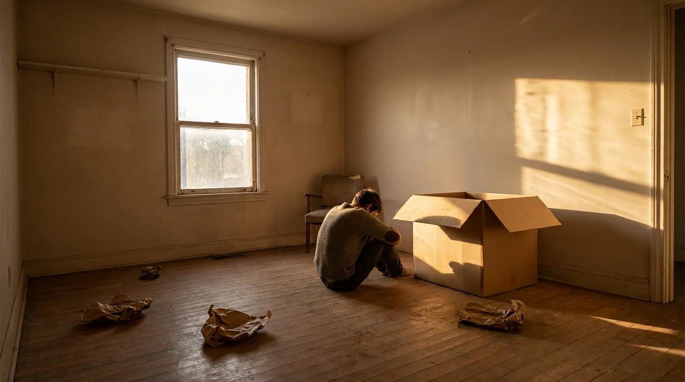 A person sits on the floor looking into an empty box in a shadowy room.