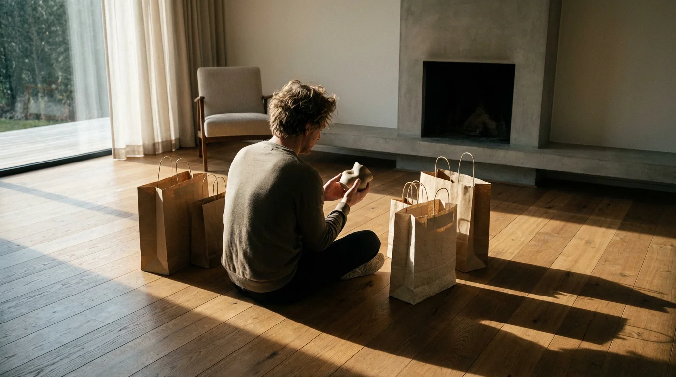 A person sits on the floor of a modern apartment, surrounded by shopping bags.